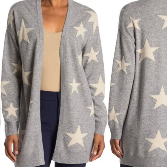 Magaschoni Sweaters - Magaschoni Gray Cashmere Star Print Open Front Long Line Cardigan Sweater